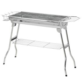 Charcoal Barbecue Grill, Stainless Steel Portable Folding Charcoal BBQ Grill, Stainless Steel Camp Picnic Cooker, Silver