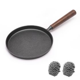 WANGYUANJI Cast Iron Pizza Pan, 10.2" Uncoated Pancake Skillet for Indoor and Outdoor, Non-Stick Skillet with Wooden Handle, Handmade Pancakes, P