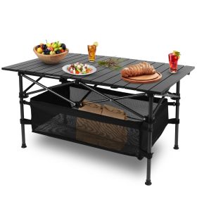 Folding Camping Table Portable Lightweight Aluminum Roll-up Picnic BBQ Desk with Carrying Bag Heavy Duty Outdoor Beach Backyard Party Patio (Color: Black)